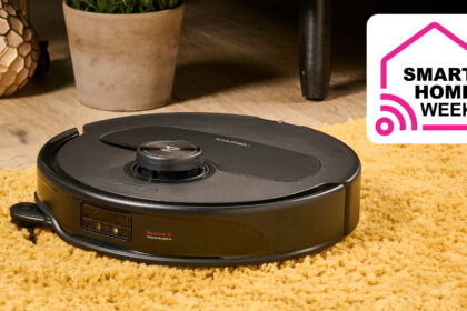 Roborock robot vacuum on carpet next to Smart Home Week graphic