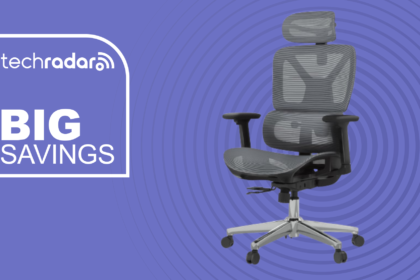 FlexiSpot ErgoX office chair on a purple background beside a TechRadar badge reading Big Savings.