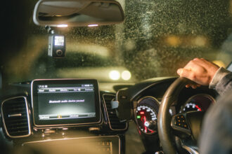 Vantrue E360 dash cam on a car windscreen