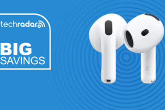 The Apple AirPods 4 on a blue background with text saying Big Savings.