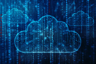 Digital clouds against a blue background.