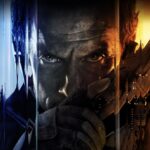 A soldier holds a futuristic pistol, with blue and orange glitchy effects obscuring him