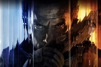 A soldier holds a futuristic pistol, with blue and orange glitchy effects obscuring him