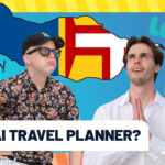 Two men in front of a map of Madeira with logos for different AI travel agents