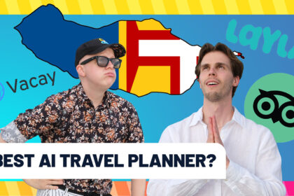 Two men in front of a map of Madeira with logos for different AI travel agents