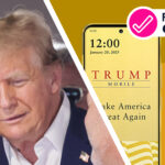 Donald Trump holding a phone next to an image of the Trump Mobile T1 on a gold background