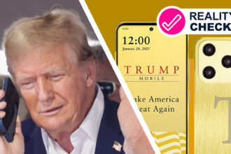 Donald Trump holding a phone next to an image of the Trump Mobile T1 on a gold background