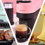 Mint colored Ninja Crispi air fryer, candy pink Nespresso Vertuo Pop coffee maker, and butter yellow KitchenAid stand mixer