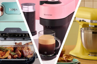 Mint colored Ninja Crispi air fryer, candy pink Nespresso Vertuo Pop coffee maker, and butter yellow KitchenAid stand mixer