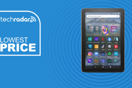 The Amazon Fire HD 8 Plus on a blue background with text saying Lowest price.