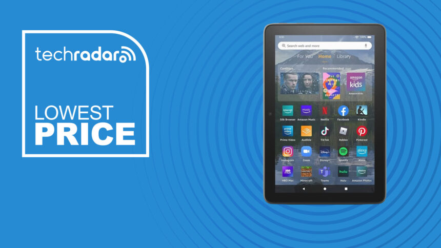 The Amazon Fire HD 8 Plus on a blue background with text saying Lowest price.