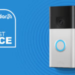 Ring Battery Doorbell in white on blue background with TechRadar lowest price text