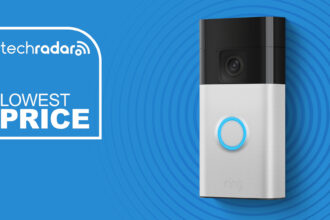 Ring Battery Doorbell in white on blue background with TechRadar lowest price text