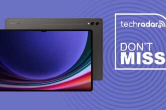 Samsung Galaxy Tab S9 Ultra on purple background with TechRadar don't miss sign