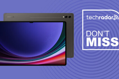 Samsung Galaxy Tab S9 Ultra on purple background with TechRadar don't miss sign