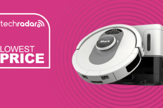 The Shark AI Ultra Robot Self Empty XL against a pink background, with Lowest Price in white to its left.