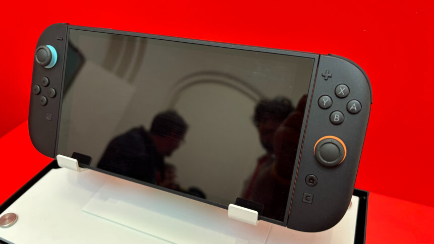 A close up of the Nintendo Switch 2 console on a stand