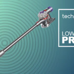 A Dyson stick vacuum on a blue and green background