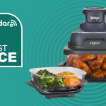 Ninja Crispi air fryer on teal background with white text reading 'TechRadar Lowest Price'