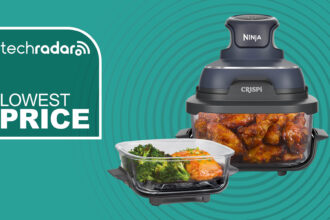 Ninja Crispi air fryer on teal background with white text reading 'TechRadar Lowest Price'