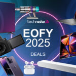 An assortment of tech devices, including a laptop, camera, TV, soundbar and smartwatches, on a blue EOFY deals background