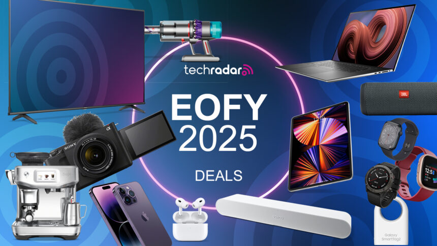 An assortment of tech devices, including a laptop, camera, TV, soundbar and smartwatches, on a blue EOFY deals background