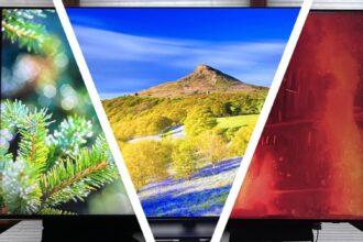 Collage of 3 TVs showing colorful images