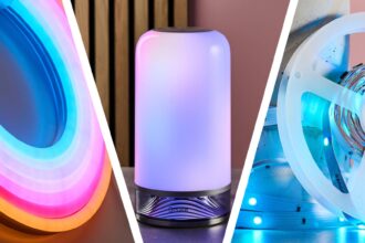 From left to right, the picture shows the Govee Neon Rope Light 2, the Table Lamp 2, and the RGBIC LED light strip.