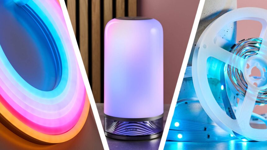From left to right, the picture shows the Govee Neon Rope Light 2, the Table Lamp 2, and the RGBIC LED light strip.
