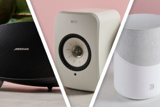 A triptych image featuring the Meridian Ellipse, KEF LSX II LT and the Bluesound Pulse M.