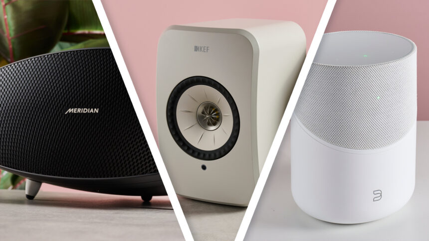 A triptych image featuring the Meridian Ellipse, KEF LSX II LT and the Bluesound Pulse M.