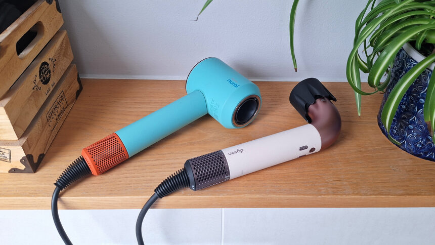 Dyson Supersonic r and Supersonic Nural hair dryers, in reviewer's bathroom