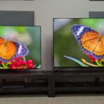 Samsung S95F (left) and Sony Bravia 8 II (right) displaying an orange butterfly on screen