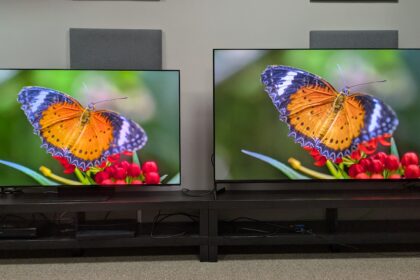 Samsung S95F (left) and Sony Bravia 8 II (right) displaying an orange butterfly on screen