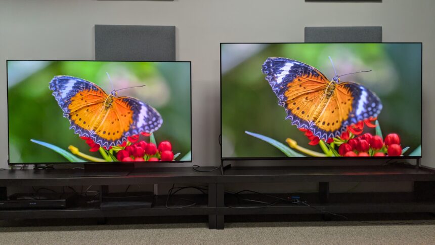 Samsung S95F (left) and Sony Bravia 8 II (right) displaying an orange butterfly on screen