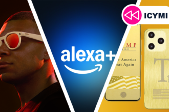 The Oakley Meta glasses, Alexa+ logo, and the Trump Mobile