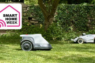 Two robot lawn mowers on some grass, with Smart Home Week logo