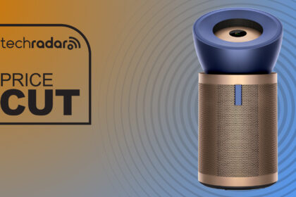 A Dyson air purifier on an orange and blue background