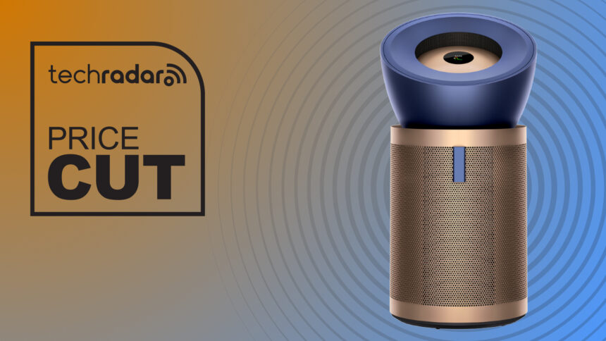 A Dyson air purifier on an orange and blue background