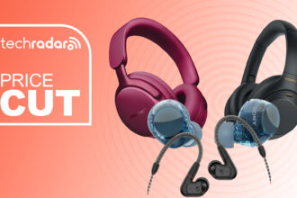 Bose, Sony and Sennheiser headphones on an orange and white gradient background with &quot;price cut&quot; text in white.