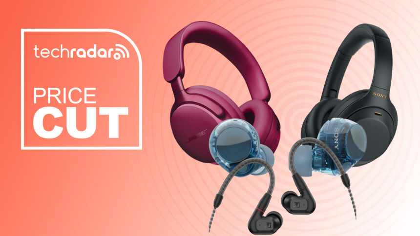 Bose, Sony and Sennheiser headphones on an orange and white gradient background with &quot;price cut&quot; text in white.