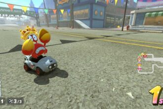 Sidestepper wearing a crown after winning a race in Mario Kart World