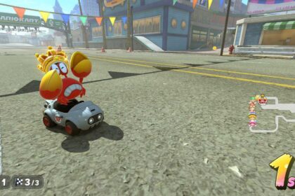 Sidestepper wearing a crown after winning a race in Mario Kart World