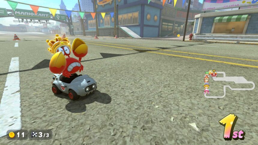 Sidestepper wearing a crown after winning a race in Mario Kart World