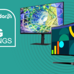 Two Samsung monitors on a cyan background next to a TechRadar badge reading 'Big Savings'