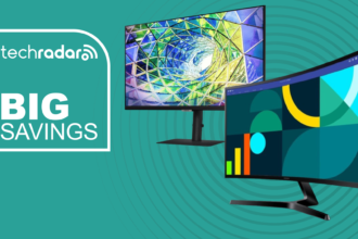 Two Samsung monitors on a cyan background next to a TechRadar badge reading 'Big Savings'