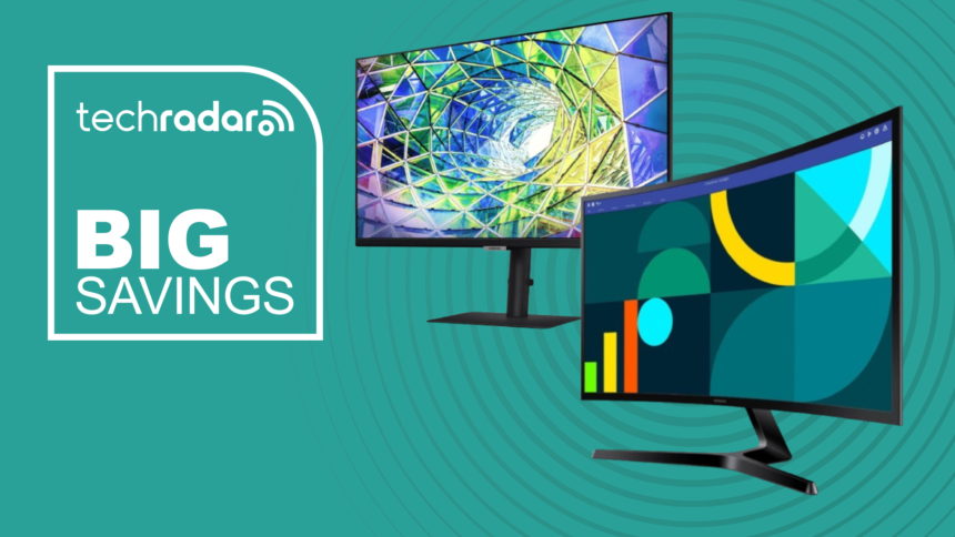 Two Samsung monitors on a cyan background next to a TechRadar badge reading 'Big Savings'