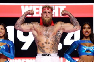 ANAHEIM, CALIFORNIA - JUNE 27: Jake Paul weighs in ahead of his fight against Julio Cesar Chavez Jr at Honda Center on June 27, 2025 in Anaheim, California. (Photo by Cris Esqueda/Golden Boy/Getty Images)