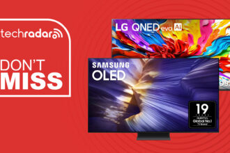 Samsung S90F and LG QNED93 on a red background with &quot;Don't Miss&quot; text in white