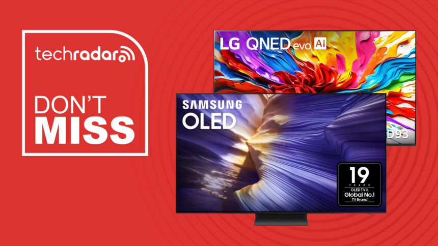 Samsung S90F and LG QNED93 on a red background with &quot;Don't Miss&quot; text in white